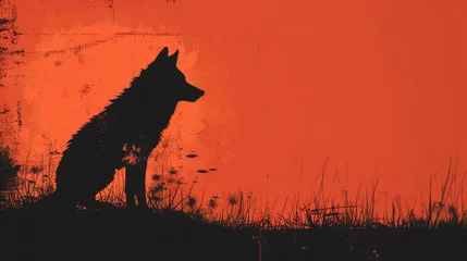 Papier Peint photo autocollant Rouge Silhouette of a howling wolf against a red and orange textured backdrop,ai generated