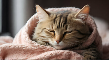 Cute little kitten sleeping covered with blanket.generative ai.