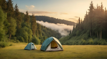 Forest camp with tourist tent amidst meadow.generative ai - obrazy, fototapety, plakaty