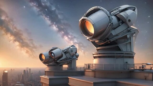 A metropolitan rooftop observatory where astronomers and sky watchers employ telescopes to investigate remote galaxies and speculative worlds beyond our own.