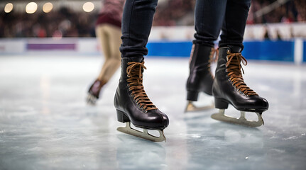Ice skater breaking on ice rink in close up.generative ai - obrazy, fototapety, plakaty