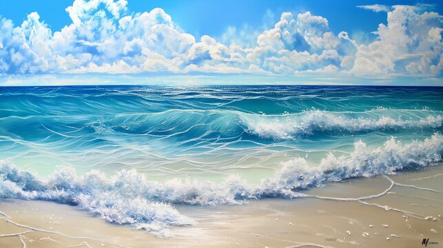 Gentle waves leaving delicate patterns in the sand beneath a sky painted in hues of azure and soft white.