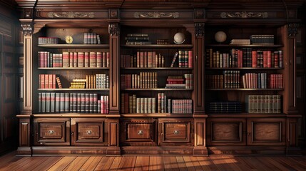 Classic wooden library with books. Education and study. Many books in an old vintage cabinet. AI Generated.