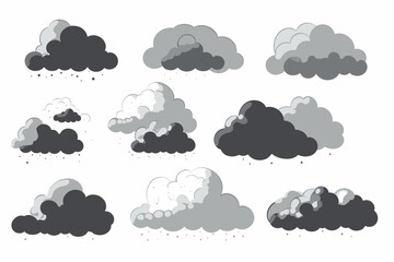 Cartoon rainy storm cloud vector set. White sky with dark grey clouds	