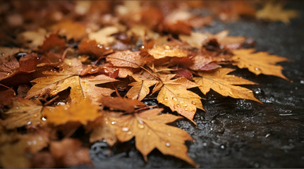 Autumn leaves in puddles, rainy autumn. Generation AI.generative ai