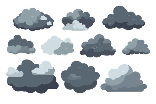 Cartoon rainy storm cloud vector set. White sky with dark grey clouds	