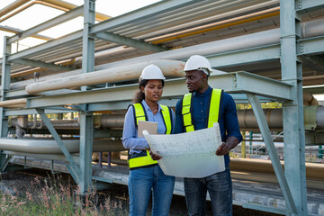 Young mechanical engineer holding blueprint drawing to checking and inspection gas pipeline system new construction project of industrial.