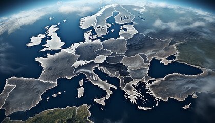 A map of Europe is shown in a very detailed and realistic way