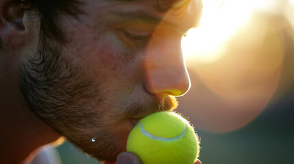 Caucasian tennis player man in love with tennis sport kiss a ball representing the importance of tennis in his life