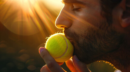 Caucasian tennis player man in love with tennis sport kiss a ball representing the importance of tennis in his life - Powered by Adobe