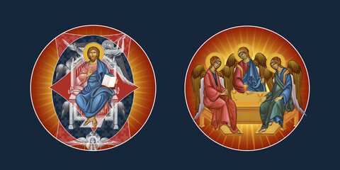 Medallions set with Jesus Christ the Bishop and holy Trinity on a dark blue background. Illustration in Byzantine style