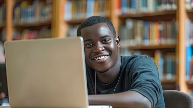 Happy African Black guy student using laptop computer in university library. generative ai.