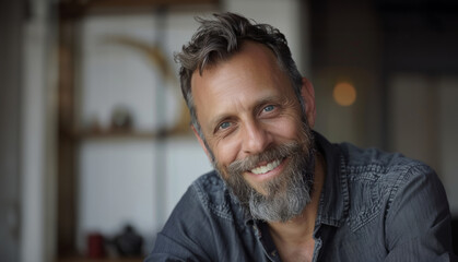 A man with a beard and a plaid shirt is smiling. He looks happy and content. Concept of warmth and friendliness. a handsome, happy man, about 45 years old, with a well-groomed beard, he's rich