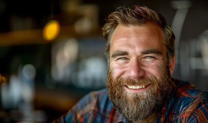 A man with a beard and a plaid shirt is smiling. He looks happy and content. Concept of warmth and friendliness. a handsome, happy man, about 45 years old, with a well-groomed beard, he's rich