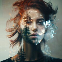 A woman with red hair and a fire behind her.