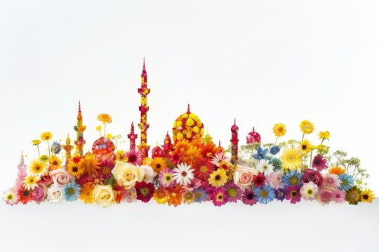 vibrant mosque bathed in warm sunlight, surrounded by a flourishing garden bursting with colorful flowers