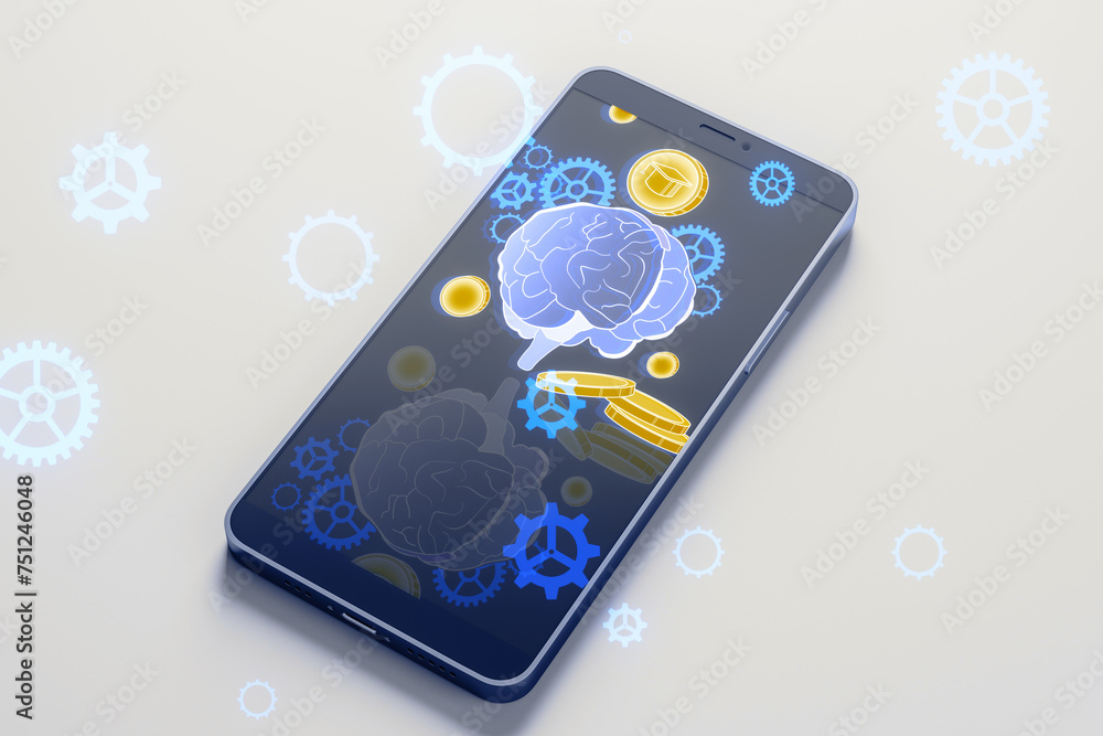 Aufkleber Close up of cellphone with creative glowing digital brain hologram on blurry background. AI and futuristic hud elements. 3D Rendering.