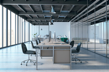 Bright industrial coworking office interior with glass, furniture and daylight. 3D Rendering.