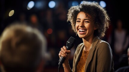Cheerful female presenter interacting with the audience - obrazy, fototapety, plakaty