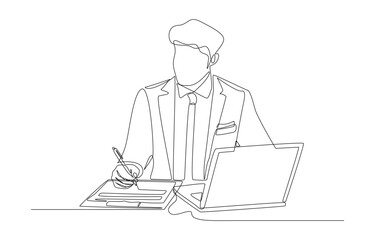 Continuous one line drawing of businessman writing sheet on clipboard while sitting in front of laptop, single line art.