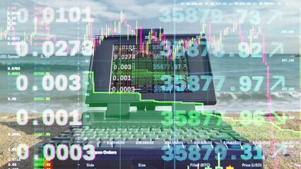 laptop computer by the sea with trading data on screen - Powered by Adobe