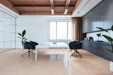 Contemporary meeting room interior with various objects and furniture. 3D Rendering.