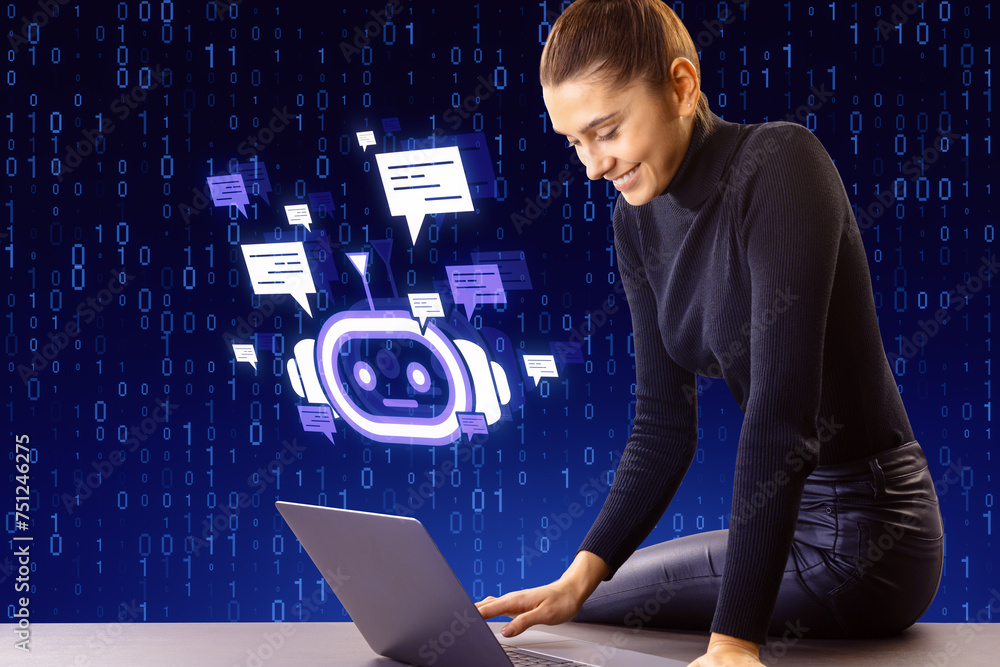 Poster Attractive young european businesswoman using laptop while sitting on desk with creative bot hologram on blue binary coding background. Chat GPT and customer service concept.