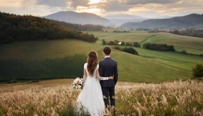 bride and groom looking standing in a field at sunset