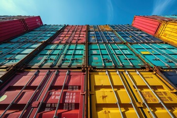 Looking up at towering stacks of colorful intermodal cargo containers set against a clear blue sky, symbolizing global trade.
generative ai