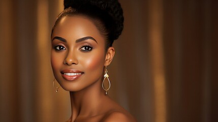 Elegant model portrait with gold earring smiling on studio background