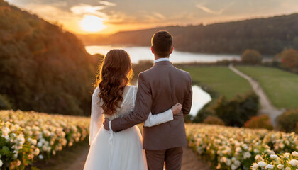 bride and groom looking at a lake at sunset