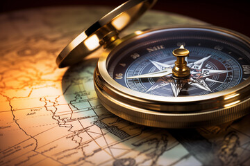 Close-up of a classic navigator's compass on a detailed antique map