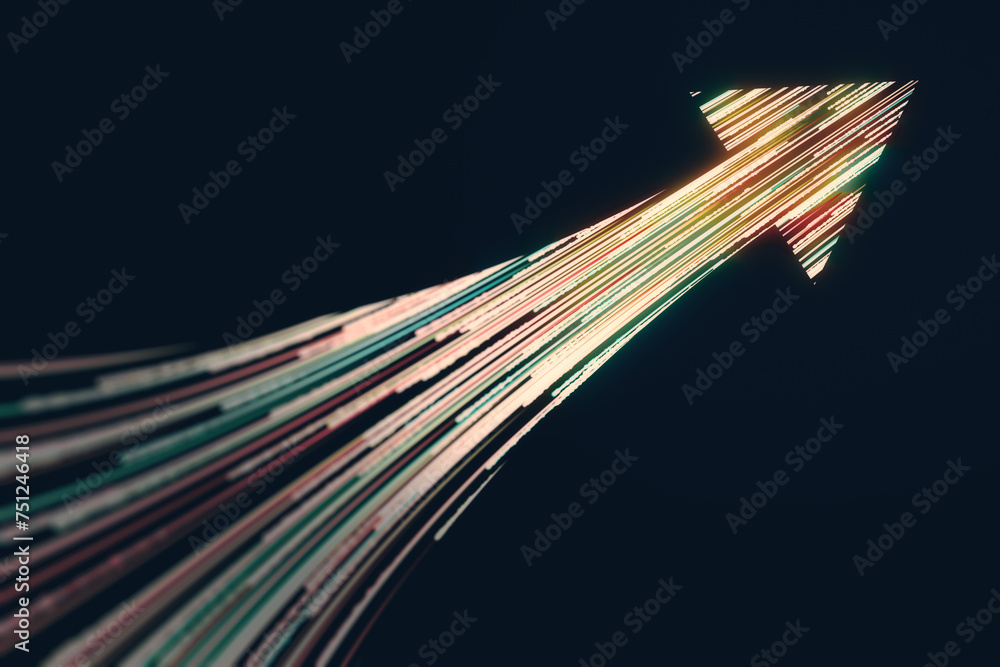 Poster Creative high-speed motion arrow on dark wallpaper. Dynamic energy and technology concept. 3D Rendering.