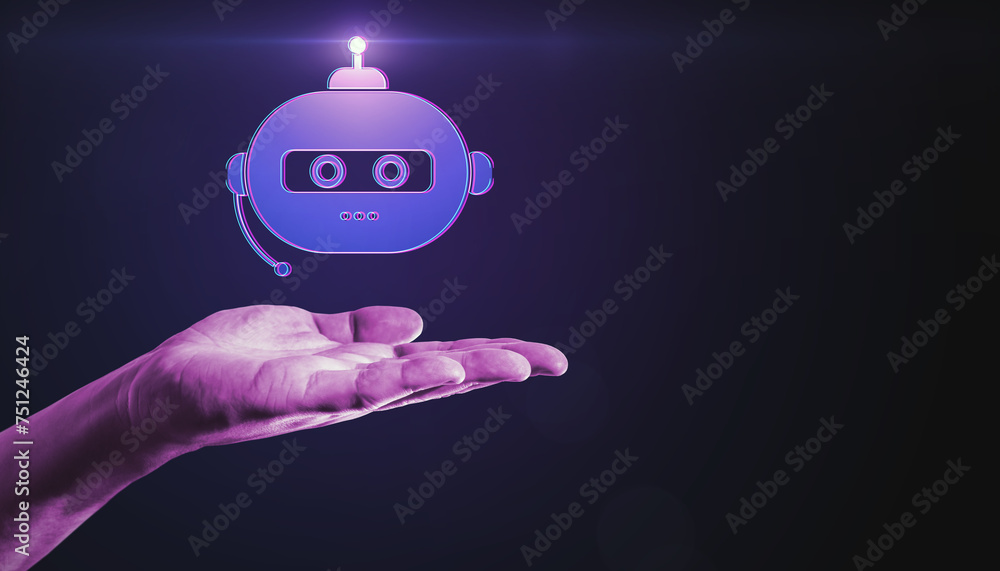 Poster Close up of hand holding creative robot hologram on blurry dark purple background with mock up place. Chat GPT and ai, customer support and bot concept.