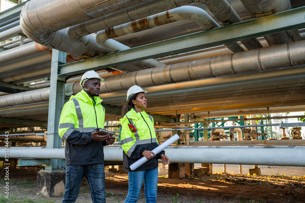 Wall mural young mechanical engineer holding blueprint drawing to checking and inspection gas pipeline system n