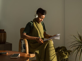 Smiling woman listening to foreign speech