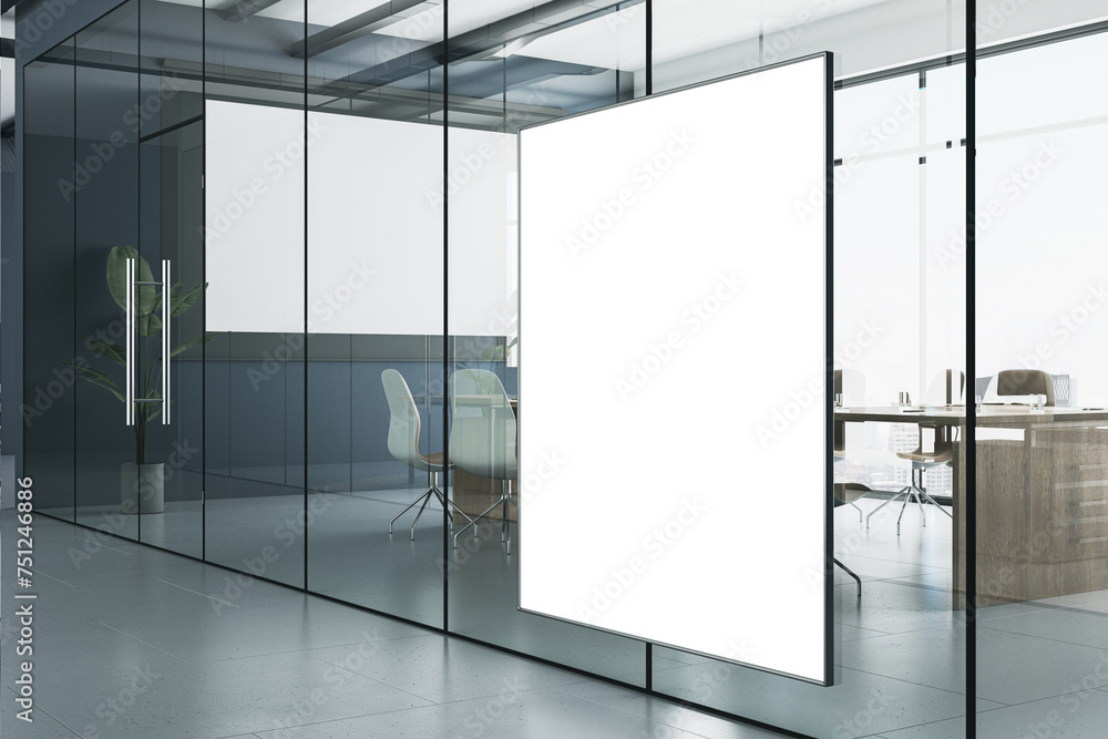 Poster clean glass meeting room interior with empty white mock up banner and panoramic window and city view