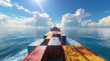 Generate a photo-realistic image of a large cargo ship at sea, loaded with colorful containers, under clear skies. - obrazy, fototapety, plakaty