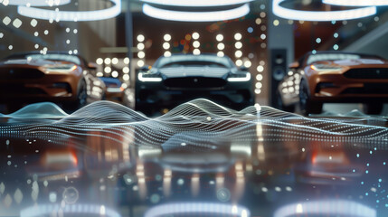 Cars parked at a motor show, and polka dotted mesh waves in front, background image about vehicles, automobile industry, automobile manufacturing and motor show - obrazy, fototapety, plakaty