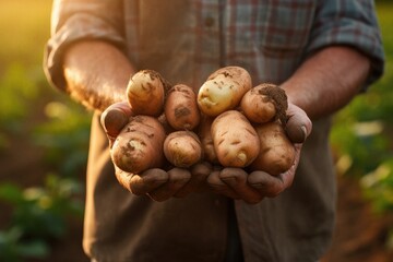 Farmer holding potatoes in field - obrazy, fototapety, plakaty