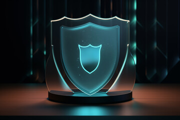 Modern, glowing glass award shield on a sleek surface with a dark, illuminated backdrop