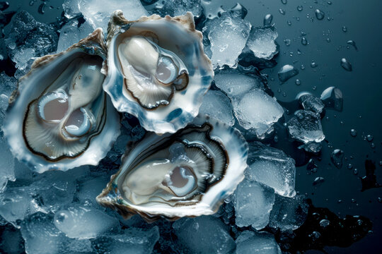 Fresh open oysters on ice cubes on beautiful rustic under empty dark background with space for text or inscriptions, top view
