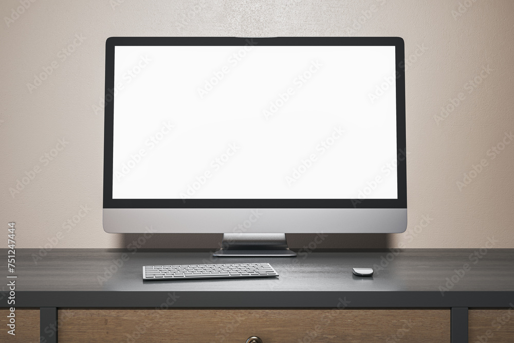 Aufkleber contemporary minimalistic designer office interior with blank white computer and laptop monitors. mo