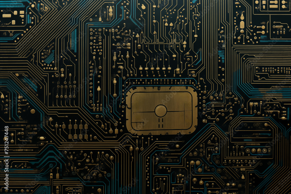 Poster Detailed close-up of an intricate printed circuit board (pcb) showcasing complex electronics, technology, and intricate patterns with microchips and connectivity lines