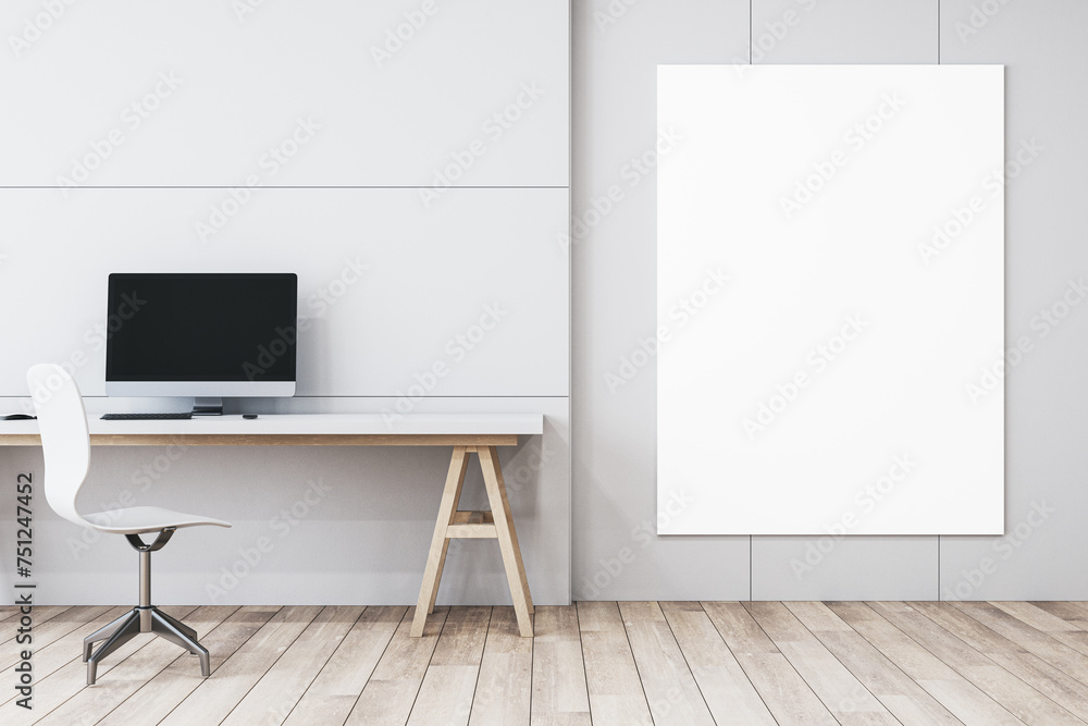 Poster modern minimalistic white interior with workplace and computer monitor, mock up banner on wall and w