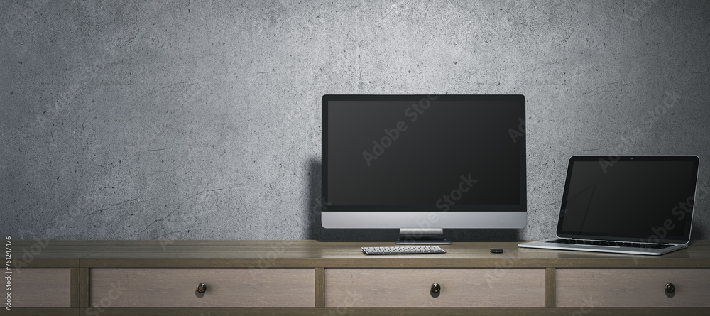 Poster contemporary minimalistic designer office interior with blank computer and laptop monitors. mock up,
