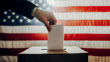 A hand throws a ballot paper into a ballot box, US flag in the background, presidential election 2024