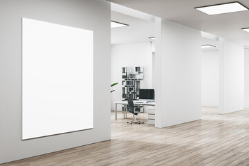 Modern white coworking office hallway interior with furniture, equipment and mock up banner on wall. 3D Rendering.