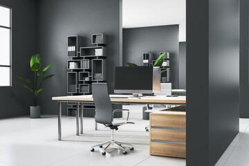 Contemporary dark concrete coworking office hallway interior with furniture, equipment and mock up place on walls. 3D Rendering.