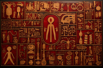 Textured artwork filled with stylized ancient symbols and hieroglyphs in warm tones - obrazy, fototapety, plakaty